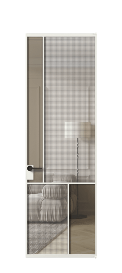 Межкомнатная дверь Mosaic АЛПЛ041.20 Алюминий светло-серый Декоративное стекло с сеткой "Mesh silver", триплекс, 6 мм + Прозрачное бронзовое стекло, триплекс, 6 мм Цена 139201 ₽ | Volhovec