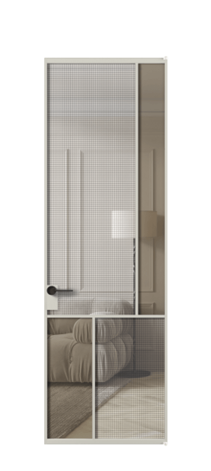 Межкомнатная дверь Mosaic АЛПЛ041.21 Алюминий тёплый серый Декоративное стекло с сеткой "Mesh silver", триплекс, 6 мм + Прозрачное бронзовое стекло, триплекс, 6 мм Цена 139201 ₽ | Volhovec