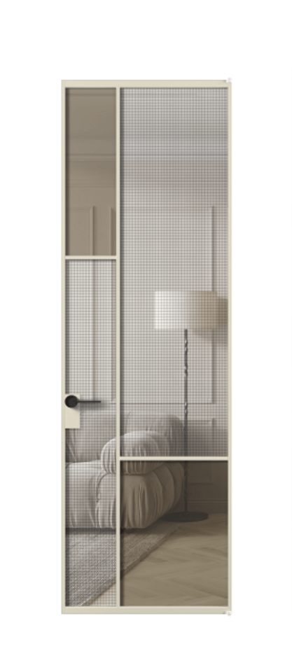 Межкомнатная дверь Mosaic АЛПЛ041.13 Алюминий бежево-серый Декоративное стекло с сеткой "Mesh silver", триплекс, 6 мм + Прозрачное бронзовое стекло, триплекс, 6 мм Цена 139201 ₽ | Volhovec