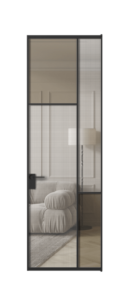 Межкомнатная дверь Mosaic АЛПЛ041.10 Алюминий Черный Декоративное стекло с сеткой "Mesh silver", триплекс, 6 мм + Прозрачное бронзовое стекло, триплекс Цена 174370 ₽ | Volhovec