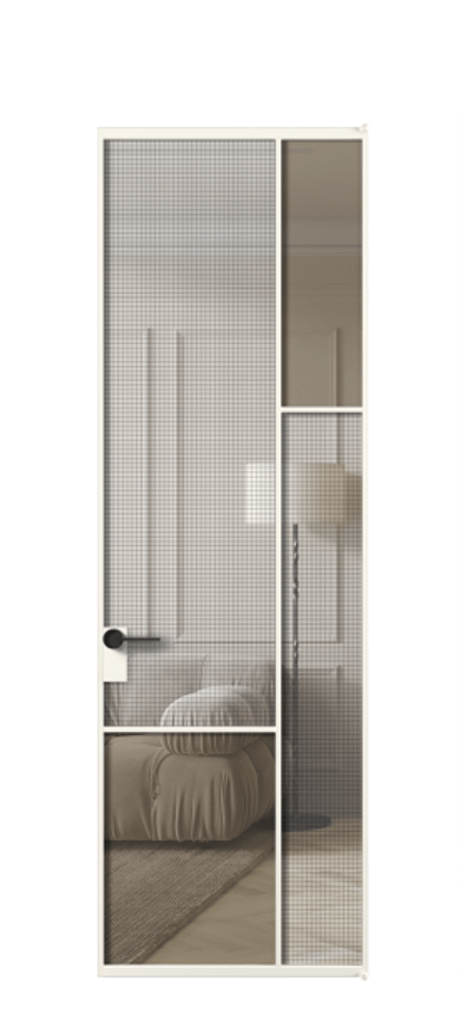 Межкомнатная дверь Mosaic АЛПЛ041.12 Алюминий пудровый белый Декоративное стекло с сеткой "Mesh silver", триплекс, 6 мм + Прозрачное бронзовое стекло, триплекс, 6 мм Цена 139201 ₽ | Volhovec