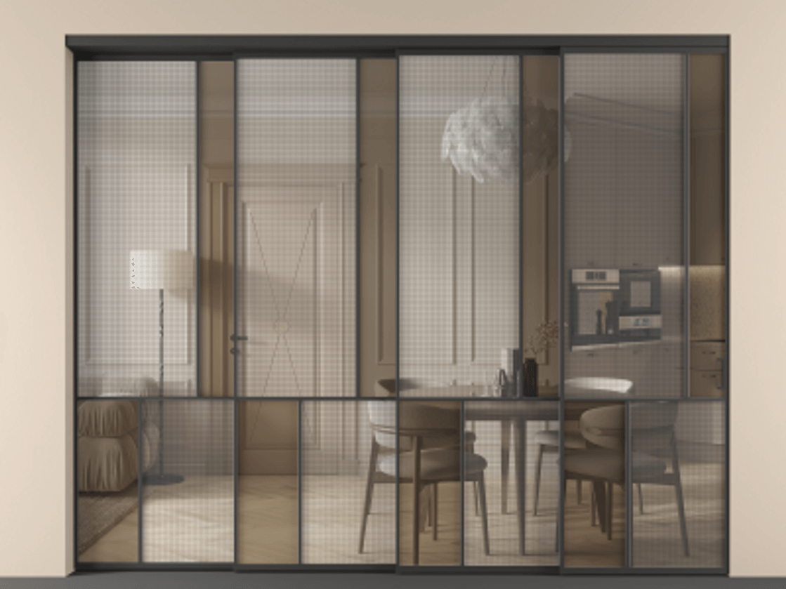 Перегородка Mosaic внутри проёма 4 створки с синхронным механизмом АЛПР 041.21 Алюминий Черный Декоративное стекло с сеткой "Mesh silver", триплекс, 6 мм + Прозрачное бронзовое стекло, триплекс Цена 613260 ₽ | Volhovec