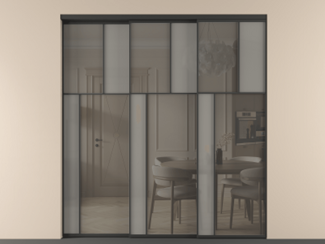 Перегородка Mosaic внутри проёма телескопик синхро 2 АЛПР 041.22 Алюминий Черный Сатинированное серое стекло, триплекс, 6 мм + Прозрачное серое стекло, триплекс Цена 413010 ₽ | Volhovec