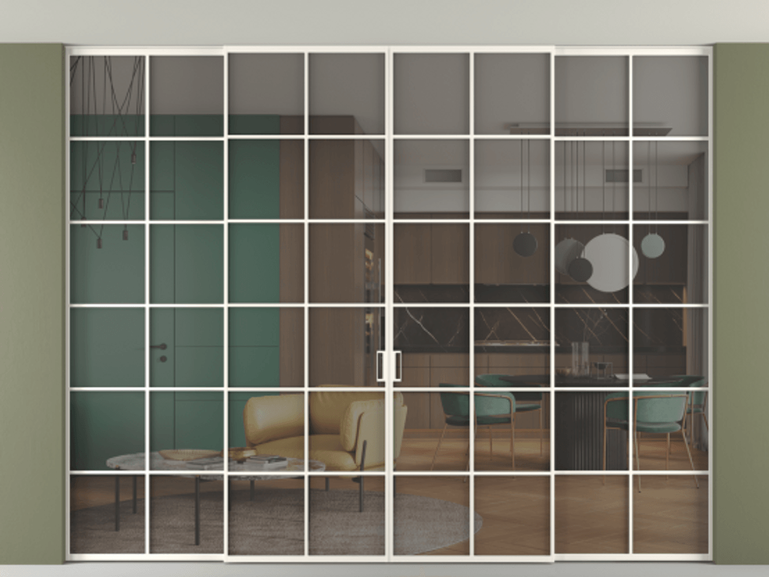 Перегородка Formato внутри проёма скрытое крепление в потолок 4 створки АЛПР 040.05 Алюминий пудровый белый Прозрачное серое стекло, триплекс Цена 489580 ₽ | Volhovec