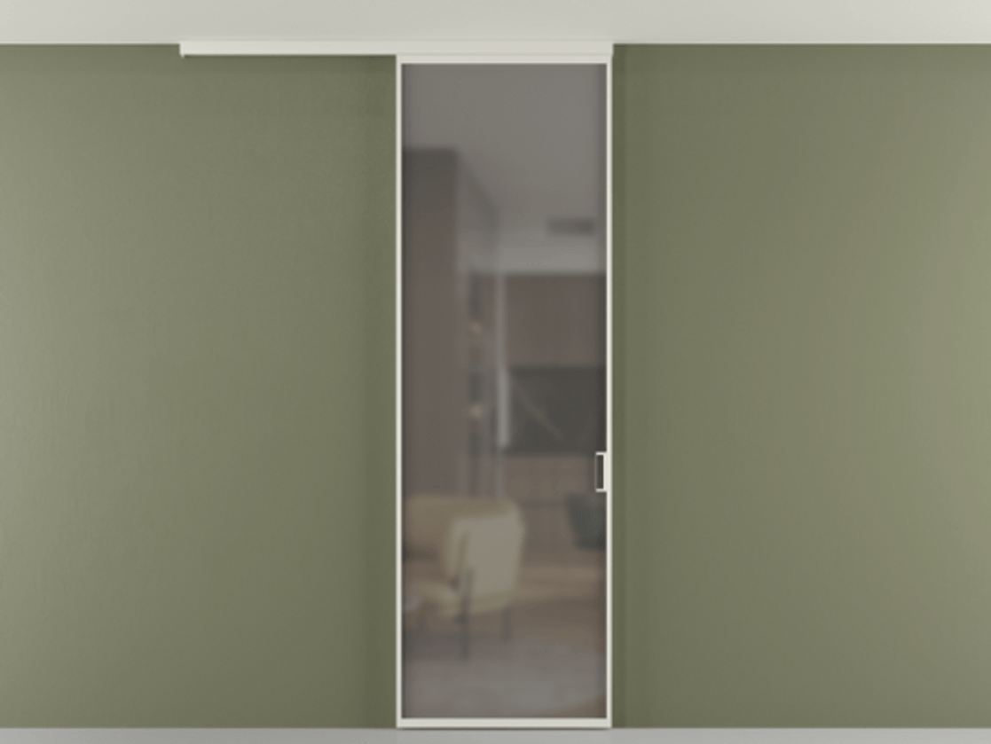 Перегородка Formato вдоль стены на потолок одностворчатая АЛПР 040.01 Алюминий Белый Сатинированное серое стекло, триплекс Цена 92544 ₽ | Volhovec