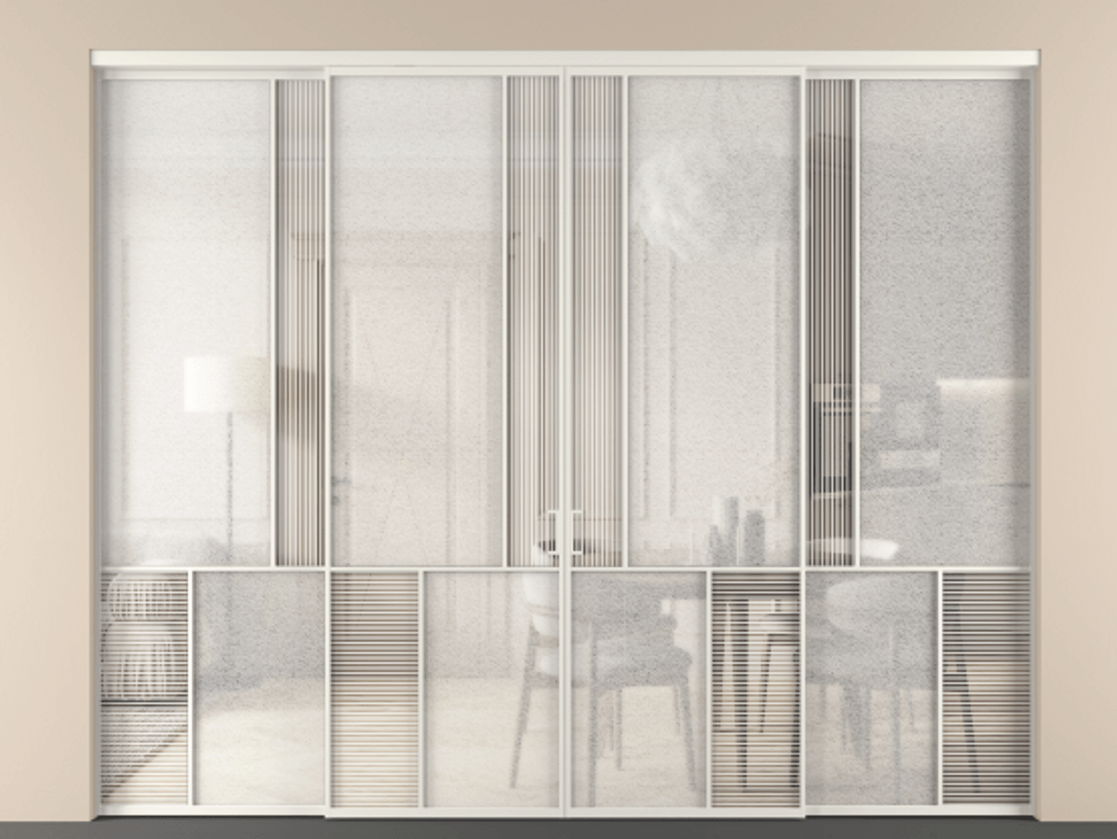 Перегородка Мозаик внутри проёма 4 створки АЛПР 041.20 Алюминий Белый Рифлёное стекло "Дюна", триплекс, 6 мм + Фактурное стекло "Лёд", триплекс. Скрытый короб БЕЛ Цена 3196390 AMD . Фабрика дверей Волховец 8 (800) 551 43 19 Перегородка Мозаик внутри проёма 4 створки АЛПР 041.20 Алюминий Белый Рифлёное стекло "Дюна", триплекс, 6 мм + Фактурное стекло "Лёд", триплекс Цена 3196390 AMD | Volhovec