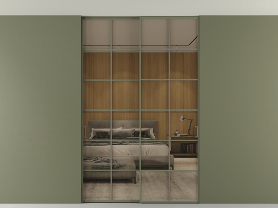 Перегородка Formato внутри проёма двустворчатая со скрытым креплением в потолок АЛПР 040.05 Алюминий оливковый тёмный Рефлективное бронзовое стекло "Stopsol", калёное Цена 320400 ₽ | Volhovec