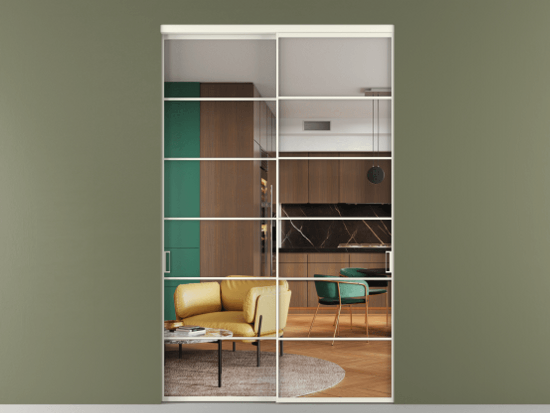 Перегородка Formato внутри проёма 2 створки АЛПР 040.04 Алюминий жемчужный Прозрачное стекло "Crystal Vision", калёное Цена 518600 ₽  | Volhovec