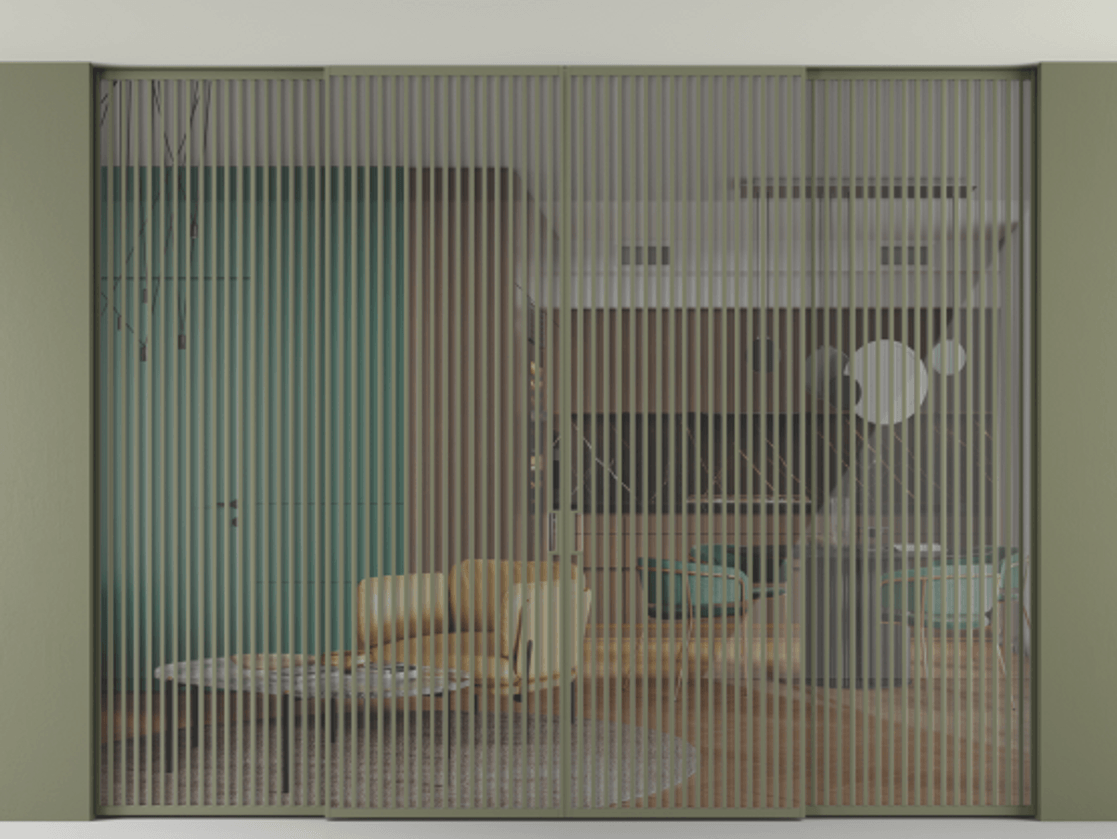 Перегородка Formato внутри проёма скрытое крепление в потолок 4 створки АЛПР 040.06 Алюминий оливковый тёмный Рефлективное прозрачное стекло "Stopsol", калёное Цена 1035660 ₽ | Volhovec