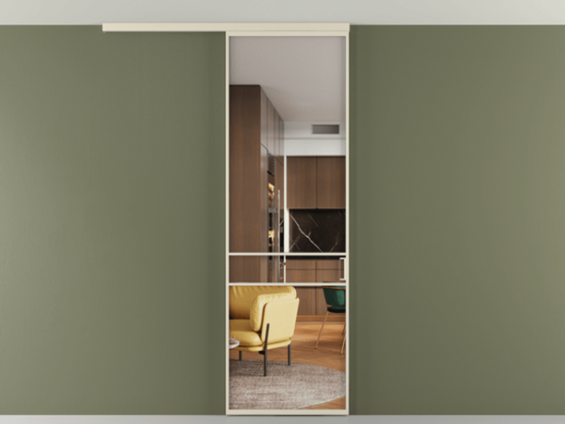 Перегородка Formato вдоль стены на потолок 1 створка АЛПР 040.02 Алюминий бежево-серый Прозрачное стекло "Crystal Vision", калёное Цена 131790 ₽ | Volhovec