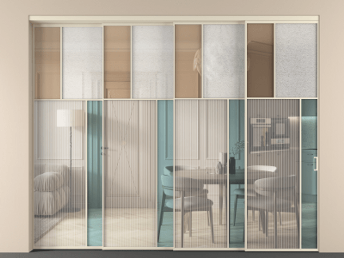 Перегородка Mosaic внутри проёма 4 створки с синхронным механизмом АЛПР 041.23 Алюминий бежево-серый Комбинация стекол Группы 1 и Группы 3 Цена 642100 ₽ | Volhovec