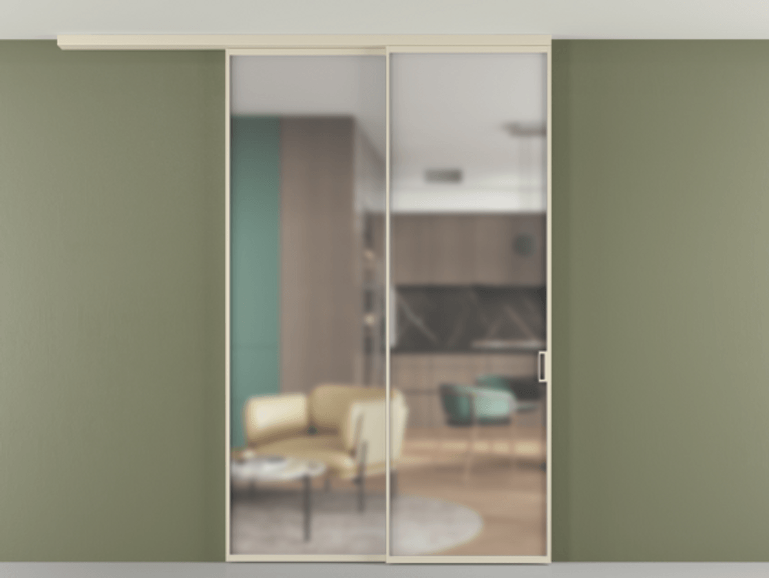 Перегородка Formato вдоль стены на потолок 2 створки с синхронным механизмом АЛПР 040.01 Алюминий бежево-серый Сатинированное стекло "Matelux Crystal Vision", калёное, матовое, каленое 6 мм Цена 330900 ₽ | Volhovec