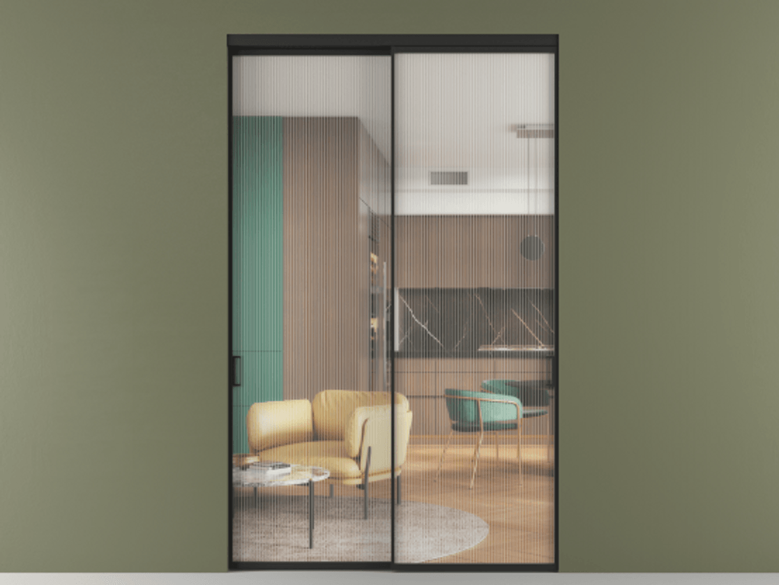 Перегородка Formato внутри проёма двустворчатая АЛПР 040.01 Алюминий Черный Рифлёное стекло "Moru", триплекс Цена 205380 ₽  | Volhovec