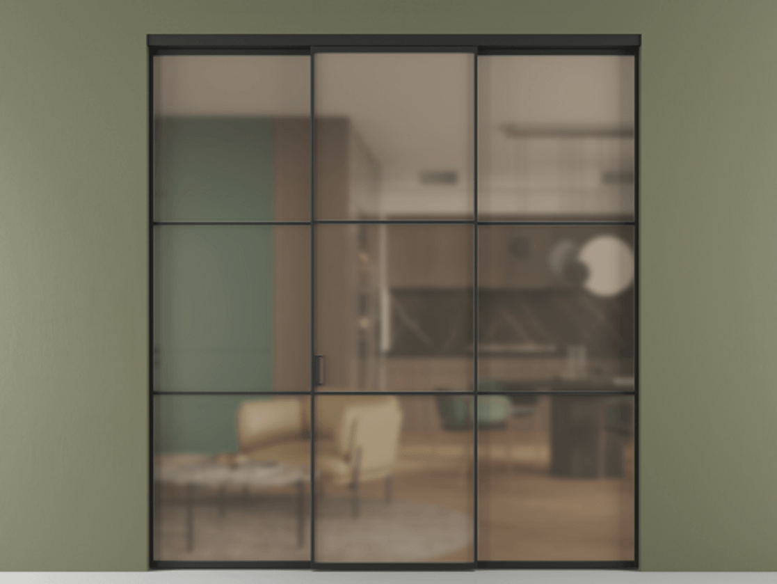 Перегородка Formato внутри проёма трёхстворчатая АЛПР 040.03 Алюминий Черный Сатинированное бронзовое стекло, триплекс Цена 250640 ₽ | Volhovec