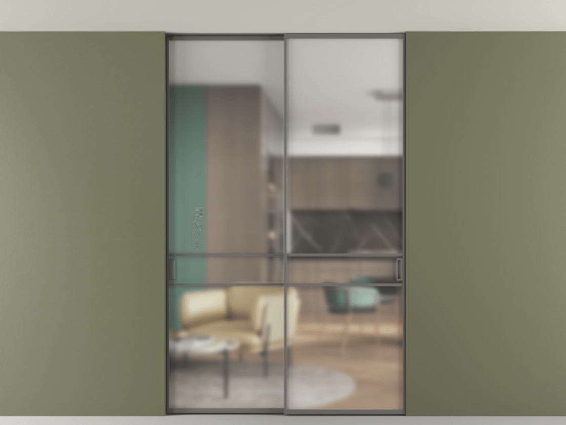 Перегородка Formato внутри проёма двустворчатая со скрытым креплением в потолок АЛПР 040.02 Алюминий классический серый Сатинированное стекло "Matelux Crystal Vision", калёное, матовое, каленое 6 мм Цена 303300 ₽ | Volhovec