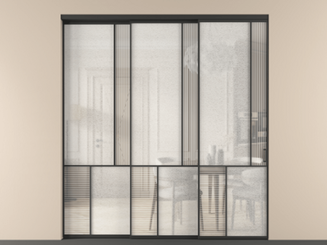 Перегородка Mosaic внутри проёма телескопик синхро 2 АЛПР 041.21 Алюминий Черный Рифлёное стекло "Дюна", триплекс, 6 мм + Фактурное стекло "Лёд", триплекс Цена 438210 ₽ | Volhovec