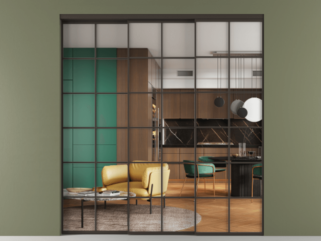 Перегородка Формато внутри проёма 3 створки с синхронным механизмом АЛПР 040.05 Алюминий антрацит Прозрачное стекло "Кристал Вижн", калёное Цена 401580 ₽  | Volhovec