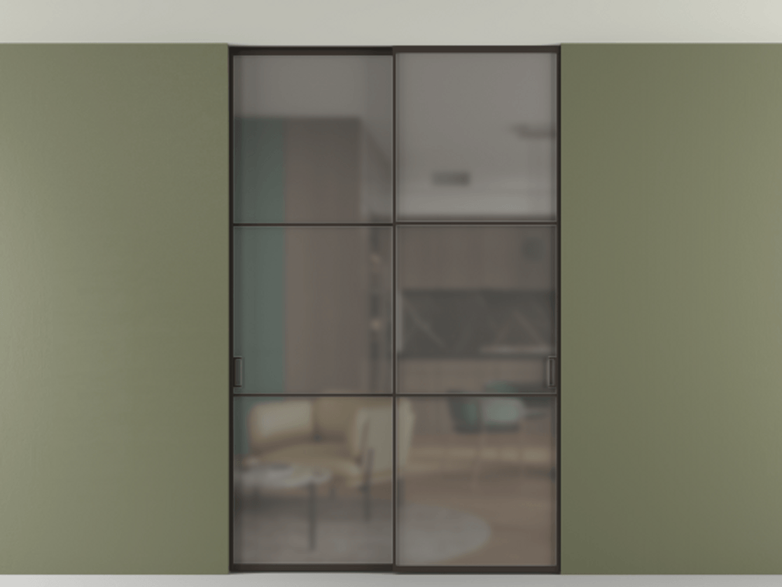 Перегородка Formato внутри проёма скрытое крепление в потолок 2 створки АЛПР 040.03 Алюминий антрацит Сатинированное серое стекло, триплекс Цена 260630 ₽ | Volhovec