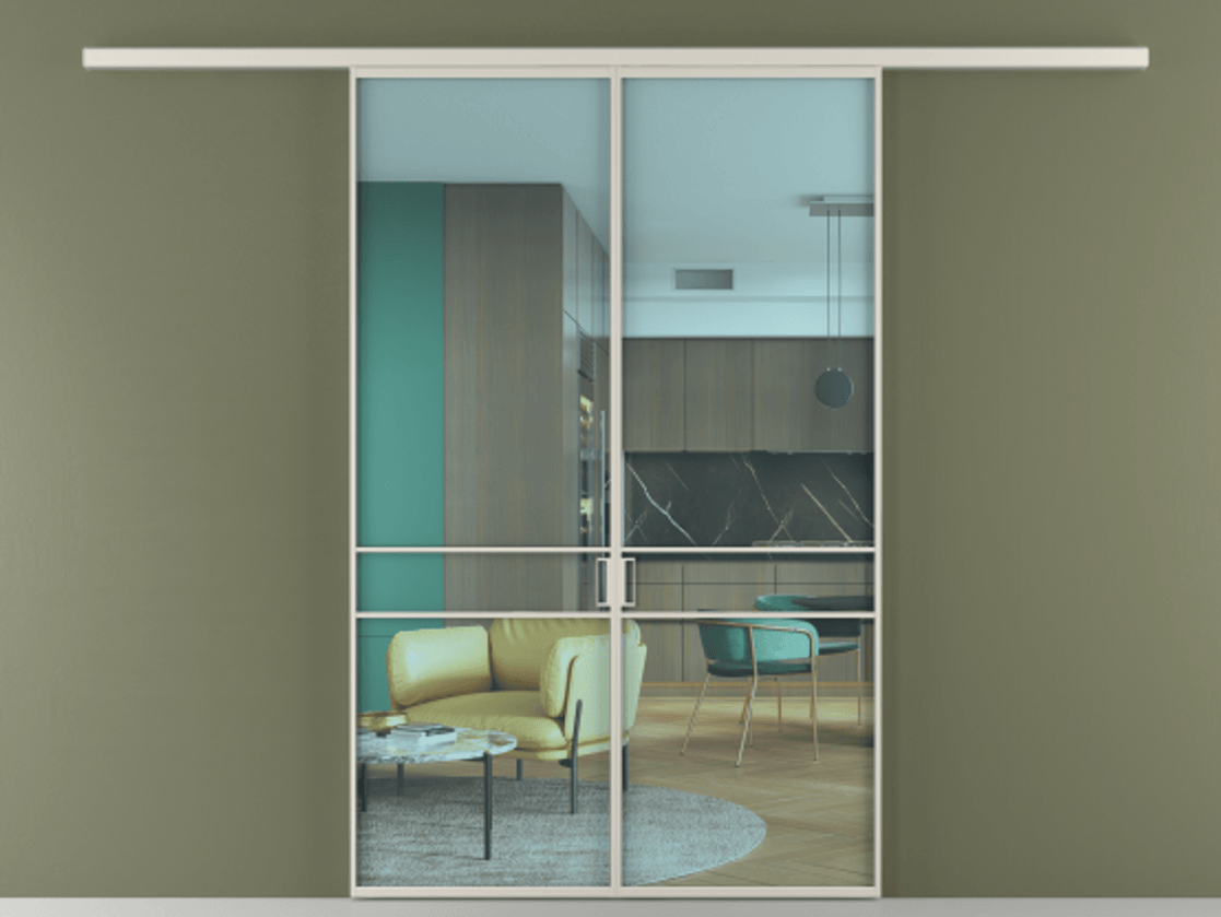 Перегородка Formato вдоль стены двустворчатая АЛПР 040.02 Алюминий облачно-серый Прозрачное голубое стекло, триплекс Цена 213110 ₽ | Volhovec