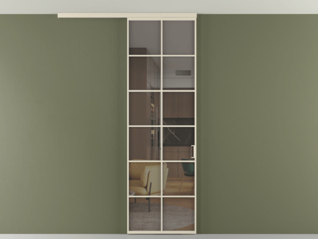 Перегородка Формато вдоль стены на потолок 1 створка АЛПР 040.05 Алюминий бежево-серый Прозрачное серое стекло, триплекс Цена 113240 ₽ | Volhovec