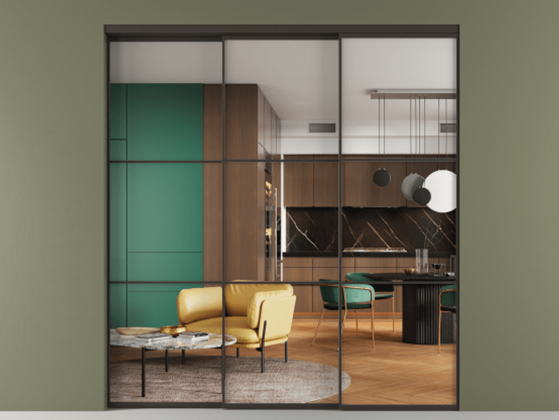 Перегородка Formato внутри проёма 3 створки с синхронным механизмом АЛПР 040.03 Алюминий антрацит Прозрачное стекло "Crystal Vision", калёное Цена 434280 ₽  | Volhovec