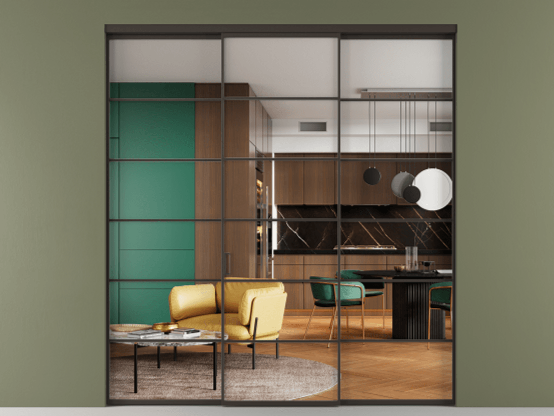 Перегородка Формато внутри проёма 3 створки АЛПР 040.04 Алюминий антрацит Прозрачное стекло "Кристал Вижн", калёное Цена 300780 ₽ | Volhovec