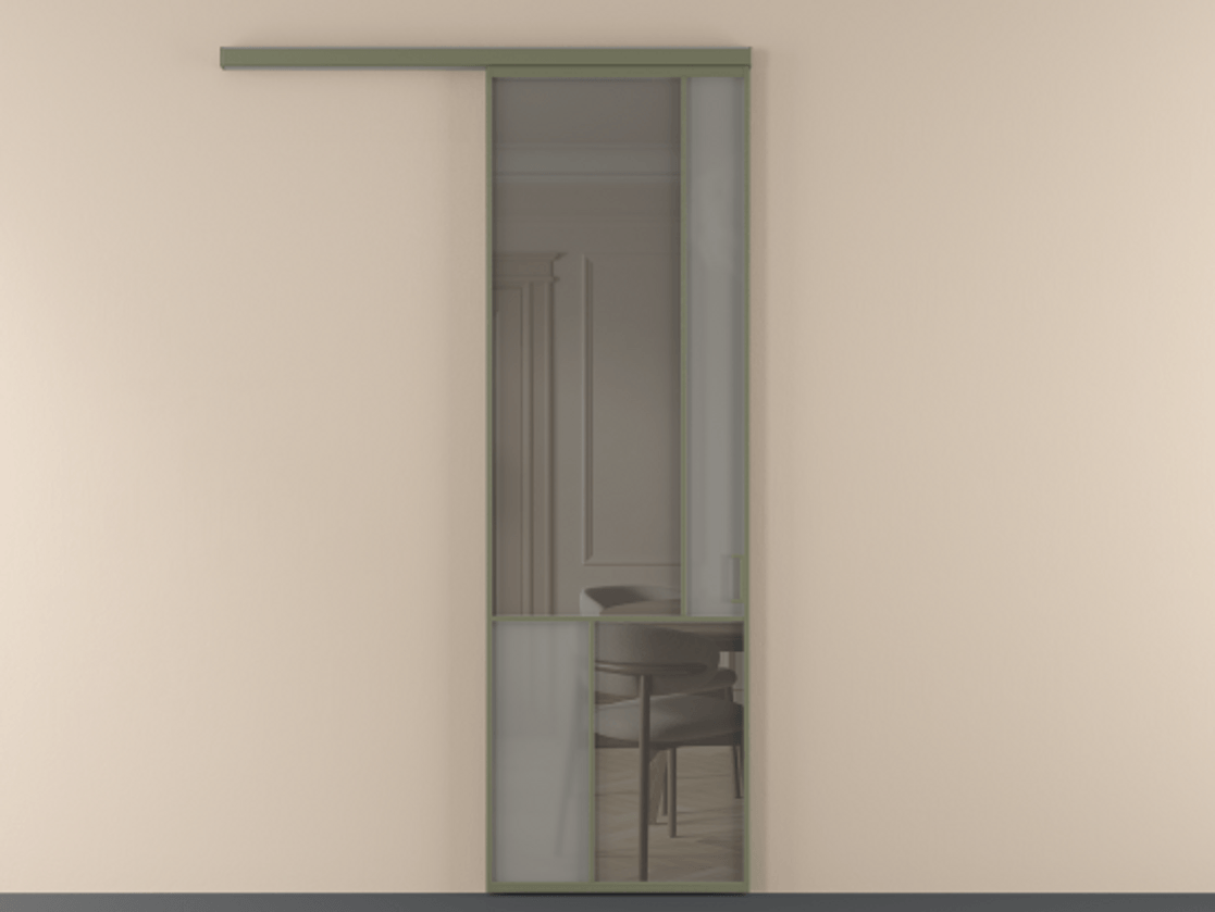 Перегородка Mosaic вдоль стены одностворчатая АЛПР 041.21 Алюминий оливковый тёмный Сатинированное серое стекло, триплекс, 6 мм + Прозрачное серое стекло, триплекс Цена 143880 ₽ | Volhovec