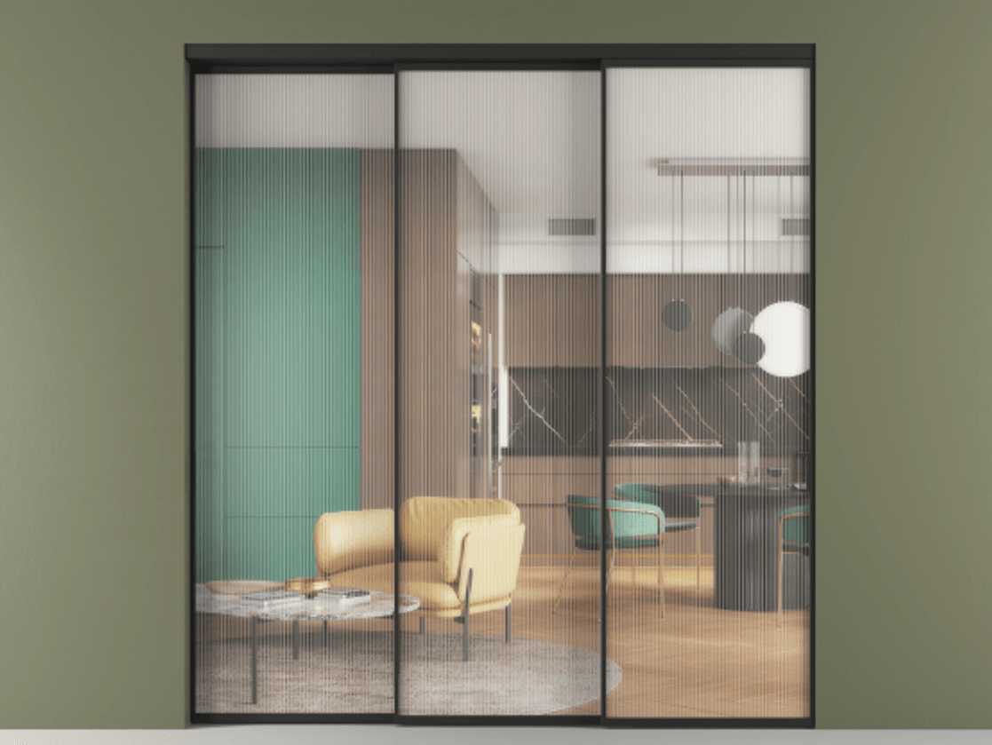 Перегородка Формато внутри проёма 3 створки с синхронным механизмом АЛПР 040.01 Алюминий Черный Рифлёное стекло "Мору", триплекс Цена 398900 ₽  | Volhovec