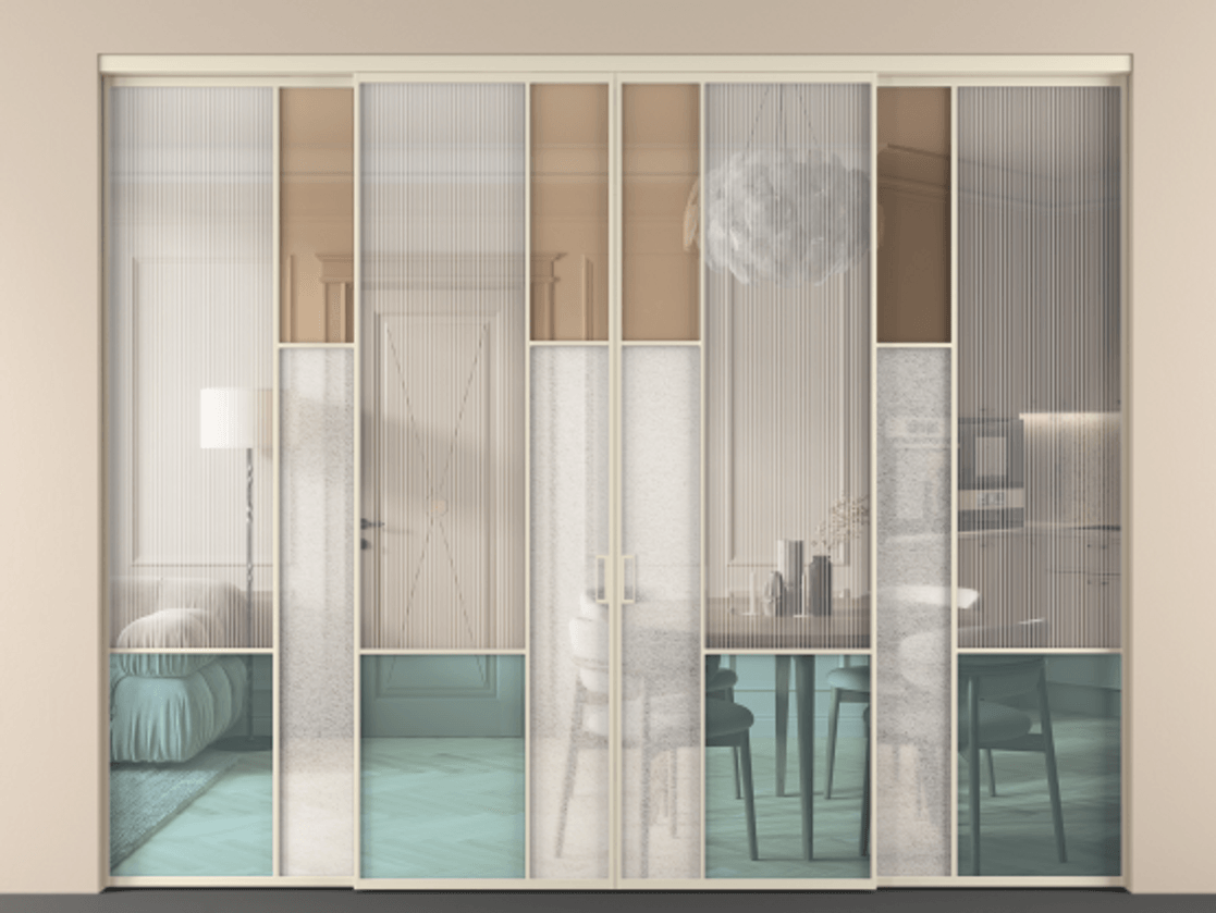 Перегородка Mosaic внутри проёма 4 створки АЛПР 041.13 Алюминий бежево-серый Комбинация стекол Группы 1 и Группы 3 Цена 509170 ₽ | Volhovec