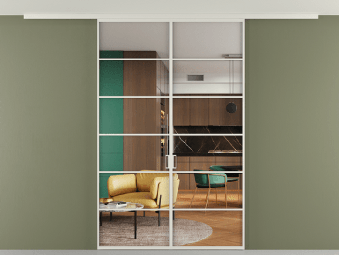 Перегородка Формато вдоль стены на потолок 2 створки АЛПР 040.04 Алюминий Белый Прозрачное стекло "Кристал Вижн", калёное Цена 263740 ₽ | Volhovec