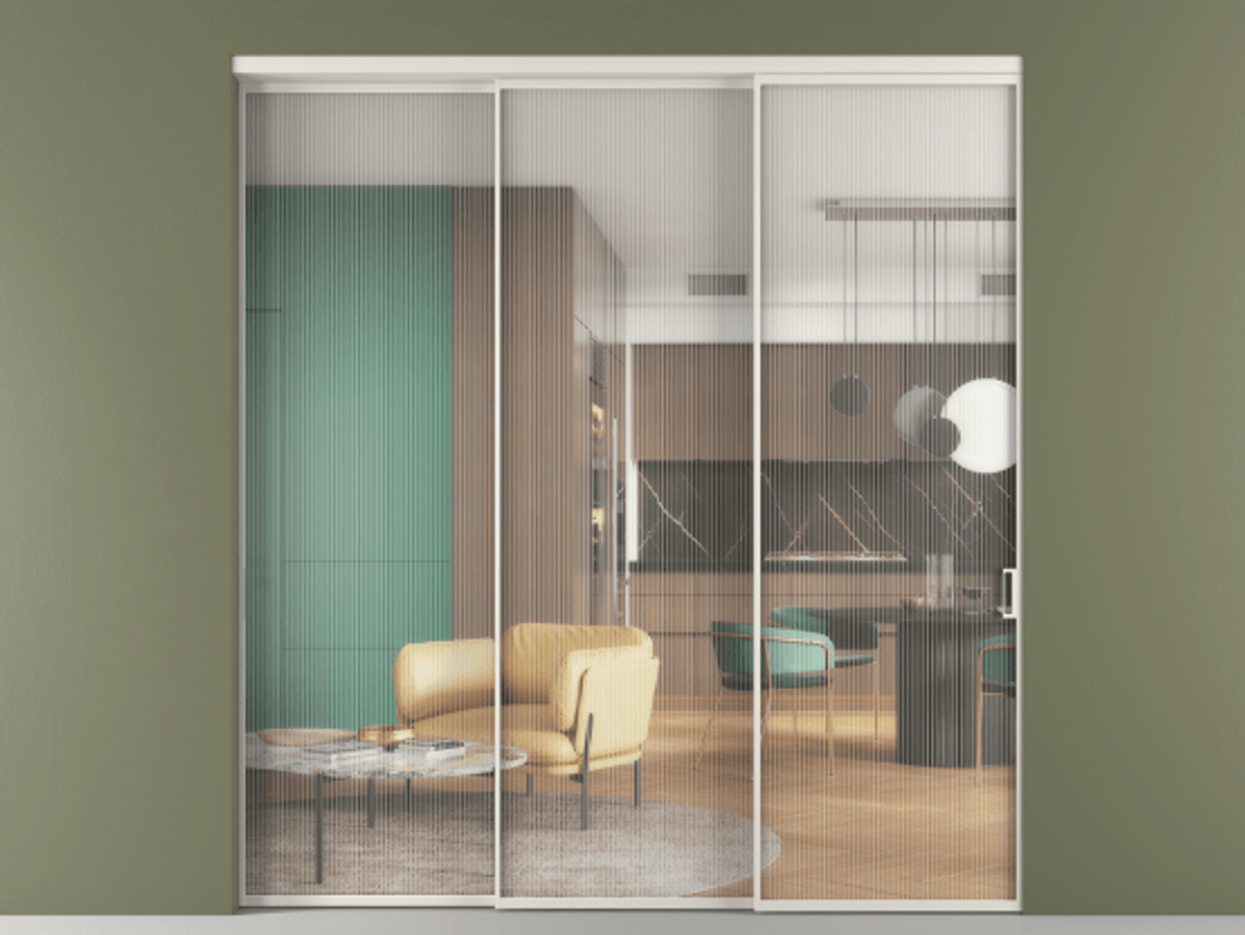 Перегородка Formato внутри проёма телескопик синхро 2 АЛПР 040.01 Алюминий Белый Рифлёное стекло "Moru", триплекс Цена 377480 ₽  | Volhovec