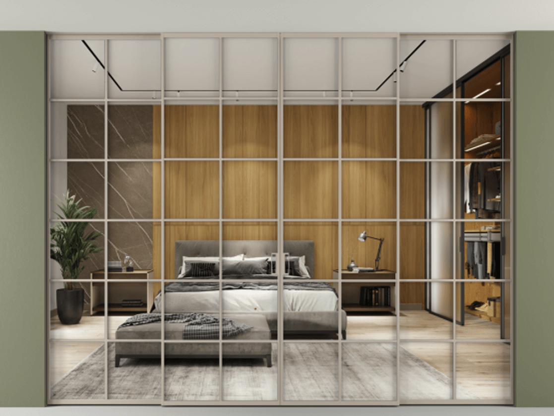 Перегородка Формато внутри проёма скрытое крепление в потолок 4 створки АЛПР 040.05 Алюминий бисквитный Двустороннее зеркало, триплекс , триплекс 6 мм Цена 508730 ₽ | Volhovec