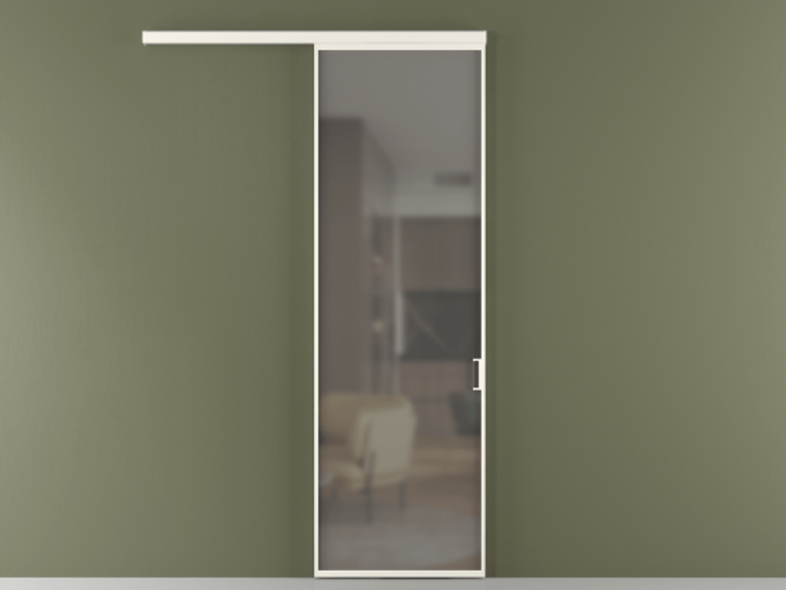 Межкомнатная дверь New Перегородка Formato вдоль стены одностворчатая АЛПР 040.01 Алюминий пудровый белый Сатинированное серое стекло, триплекс Цена 65630  | Volhovec