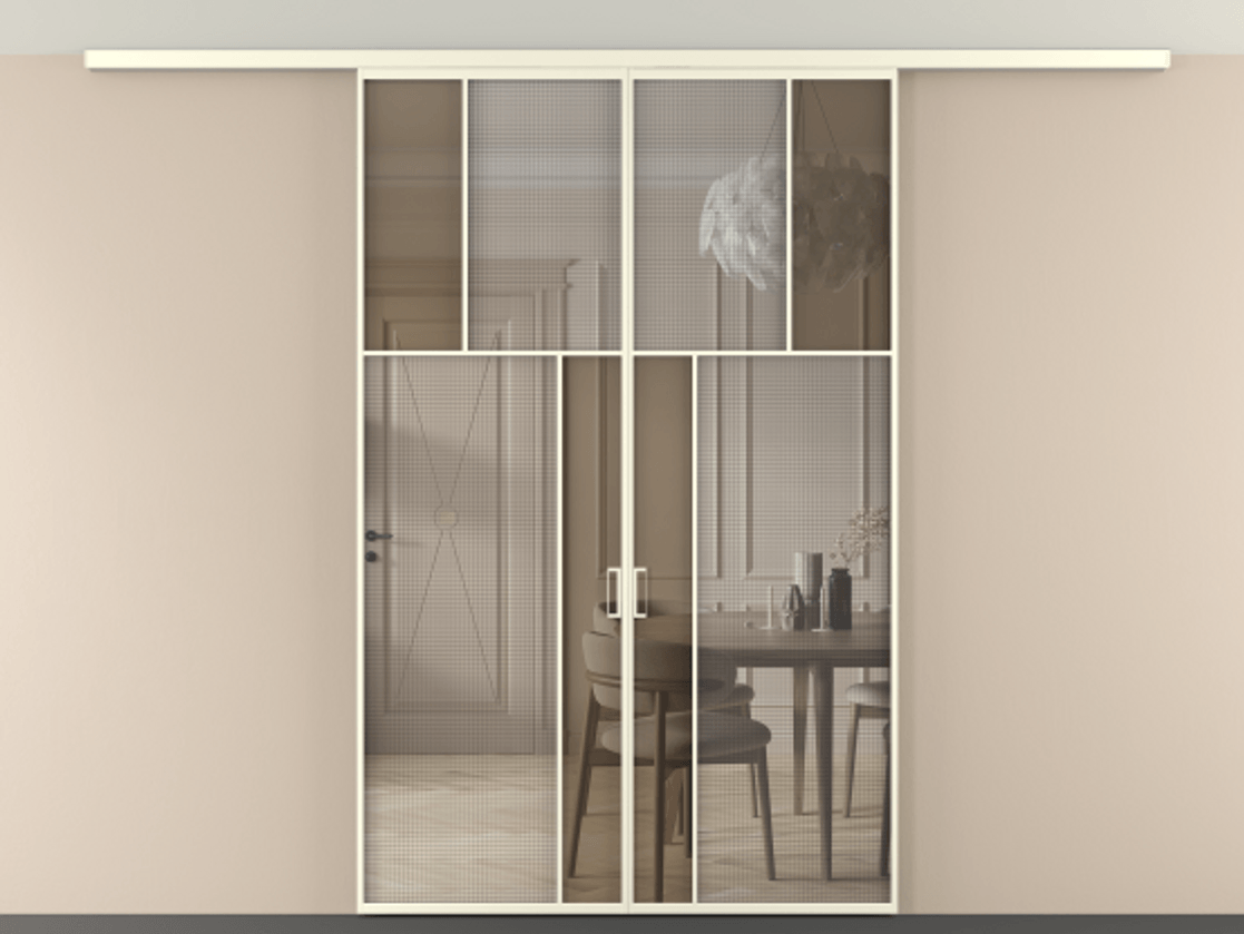 Перегородка Mosaic вдоль стены на потолок двустворчатая АЛПР 041.22 Алюминий молочно-белый Декоративное стекло с сеткой "Mesh silver", триплекс, 6 мм + Прозрачное бронзовое стекло, триплекс, 6 мм. Цена 272920 ₽ . Фабрика дверей Волховец 8 (800) 551 43 19 Перегородка Mosaic вдоль стены на потолок двустворчатая АЛПР 041.22 Алюминий молочно-белый Декоративное стекло с сеткой "Mesh silver", триплекс, 6 мм + Прозрачное бронзовое стекло, триплекс, 6 мм Цена 272920 ₽ | Volhovec