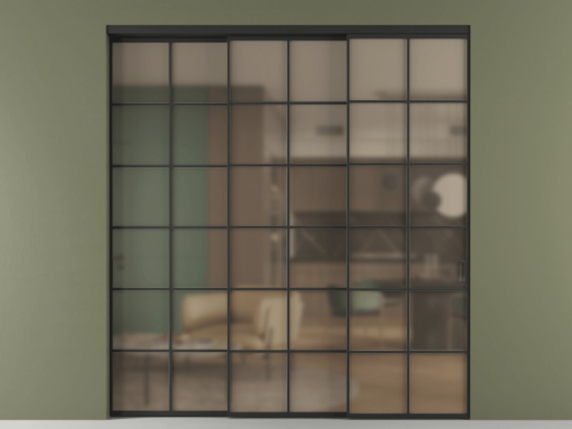 Перегородка Формато внутри проёма 3 створки с синхронным механизмом АЛПР 040.05 Алюминий Черный Сатинированное бронзовое стекло, триплекс Цена 363680 ₽  | Volhovec