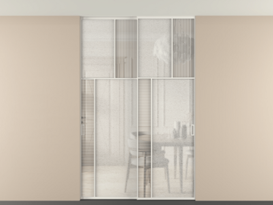 Перегородка Mosaic внутри проёма двустворчатая со скрытым креплением в потолок АЛПР 041.22 Алюминий Белый Рифлёное стекло "Дюна", триплекс, 6 мм + Фактурное стекло "Лёд", триплекс Цена 328670 ₽ | Volhovec