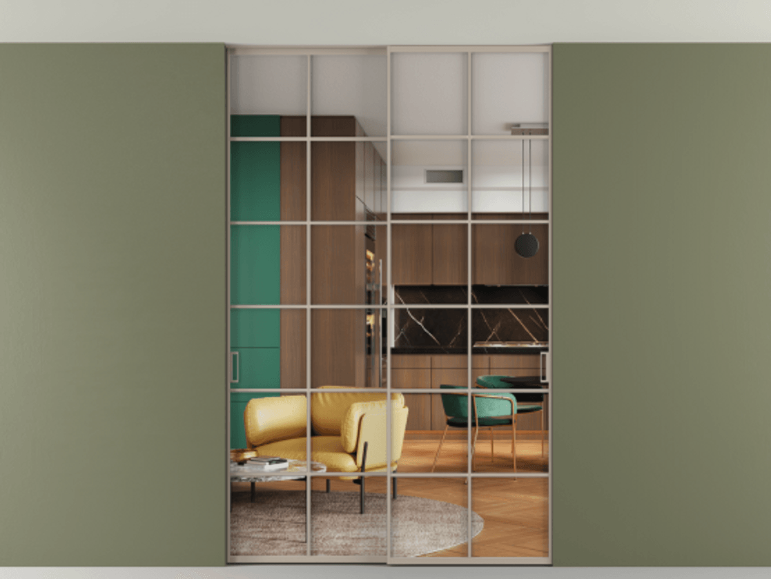 Перегородка Formato внутри проёма скрытое крепление в потолок 2 створки АЛПР 040.05 Алюминий бисквитный Прозрачное стекло "Crystal Vision", калёное Цена 338810 ₽ | Volhovec