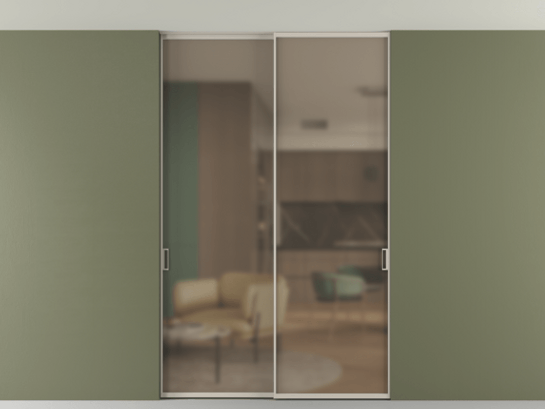 Перегородка Formato внутри проёма двустворчатая со скрытым креплением в потолок АЛПР 040.01 Алюминий светло-бежевый Сатинированное бронзовое стекло, триплекс Цена 274720 ₽ | Volhovec