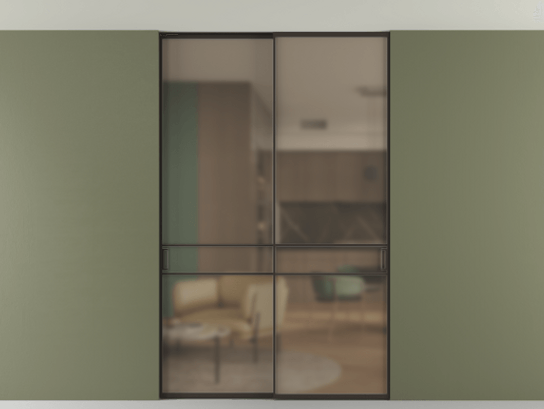 Перегородка Формато внутри проёма скрытое крепление в потолок 2 створки АЛПР 040.02 Алюминий антрацит Сатинированное бронзовое стекло, триплекс Цена 260630 ₽ | Volhovec