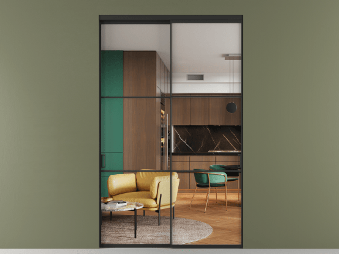 Перегородка Formato внутри проёма двустворчатая АЛПР 040.03 Алюминий Черный Прозрачное стекло "Crystal Vision", калёное Цена 215670 ₽  | Volhovec