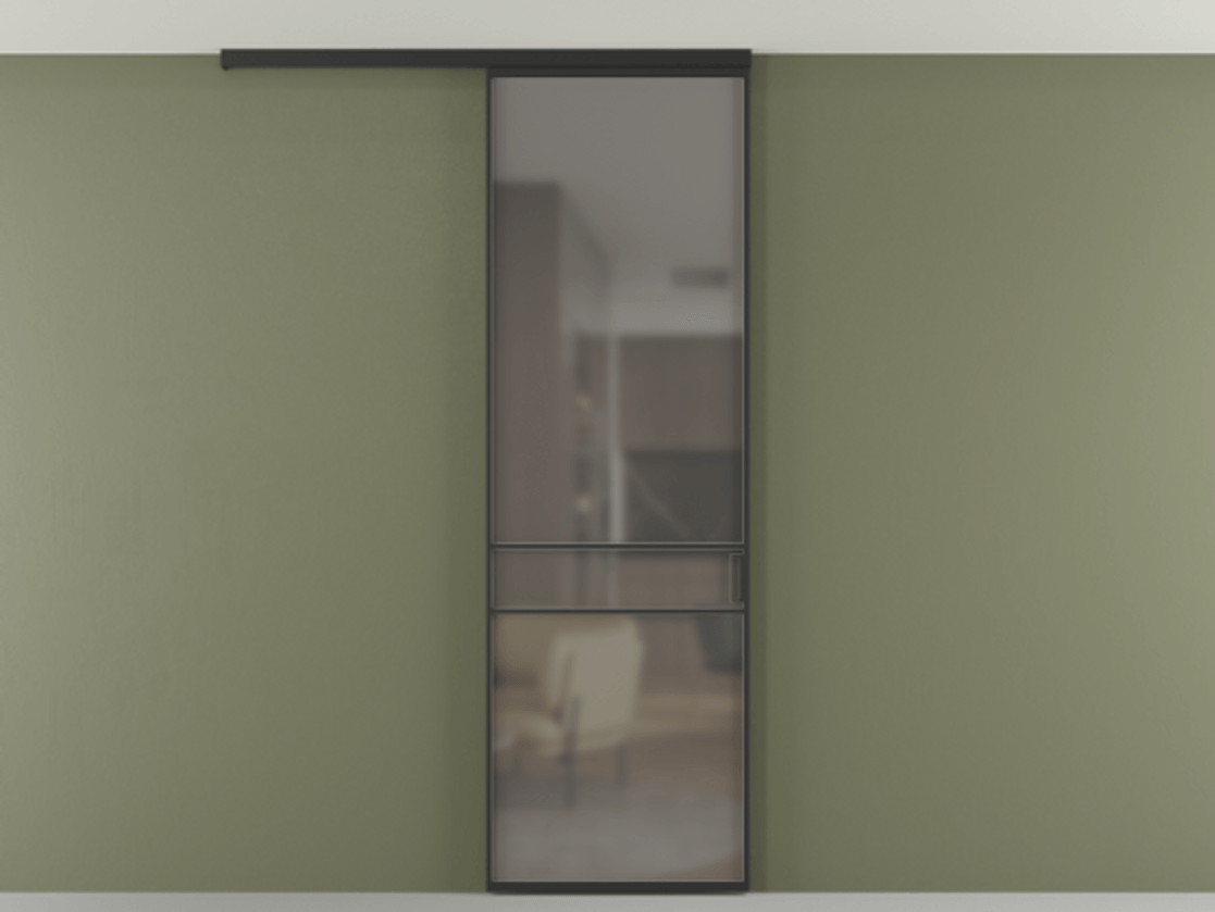 Перегородка Formato вдоль стены на потолок одностворчатая АЛПР 040.02 Алюминий Черный Сатинированное серое стекло, триплекс Цена 111660 ₽ | Volhovec