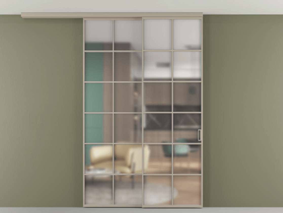 Перегородка Formato вдоль стены на потолок 2 створки с синхронным механизмом АЛПР 040.05 Алюминий бисквитный Сатинированное стекло "Matelux Crystal Vision", калёное, матовое, каленое 6 мм Цена 361390 ₽ | Volhovec