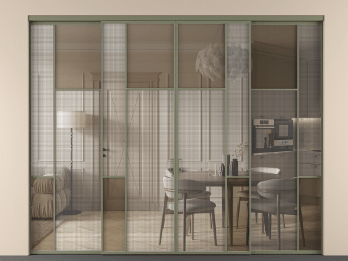 Перегородка Mosaic внутри проёма четырёхстворчатая АЛПР 041.10 Алюминий оливковый тёмный Декоративное стекло с сеткой "Mesh silver", триплекс, 6 мм + Прозрачное бронзовое стекло, триплекс Цена 481510 ₽ | Volhovec