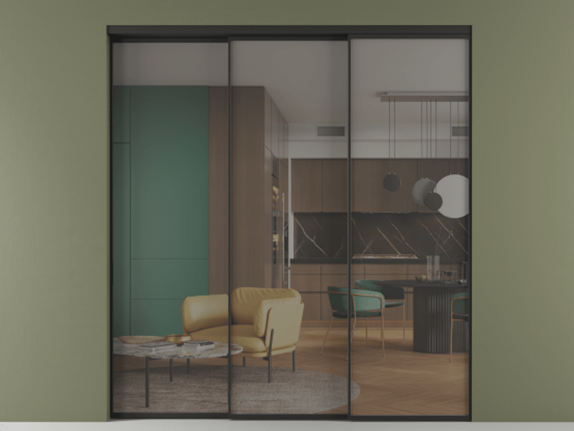 Перегородка Formato внутри проёма телескопик синхро 2 АЛПР 040.01 Алюминий Черный Прозрачное серое стекло, триплекс Цена 355900 ₽  | Volhovec