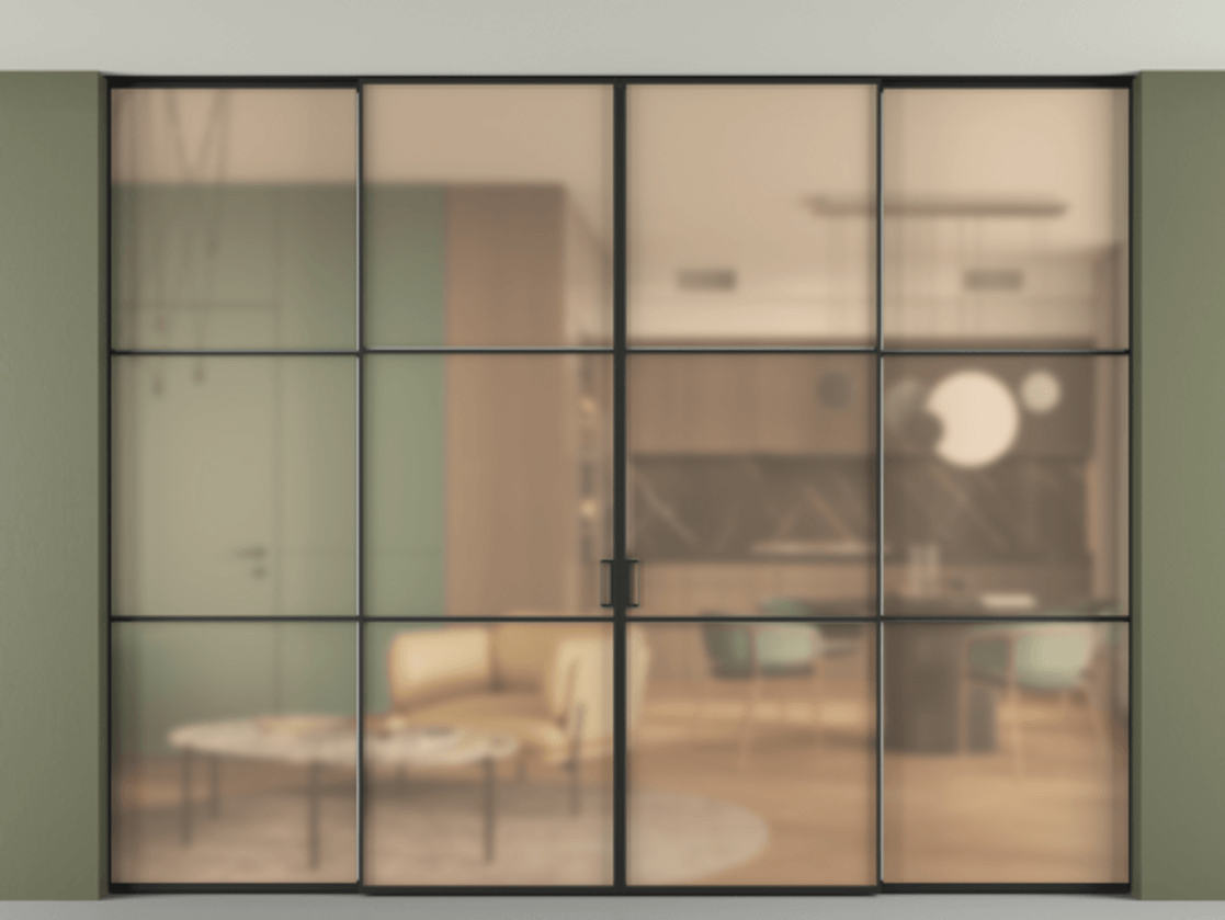 Перегородка Formato внутри проёма четырёхстворчатая со скрытым креплением в потолок АЛПР 040.03 Алюминий Черный Сатинированное оранжевое стекло, триплекс Цена 466600 ₽ | Volhovec