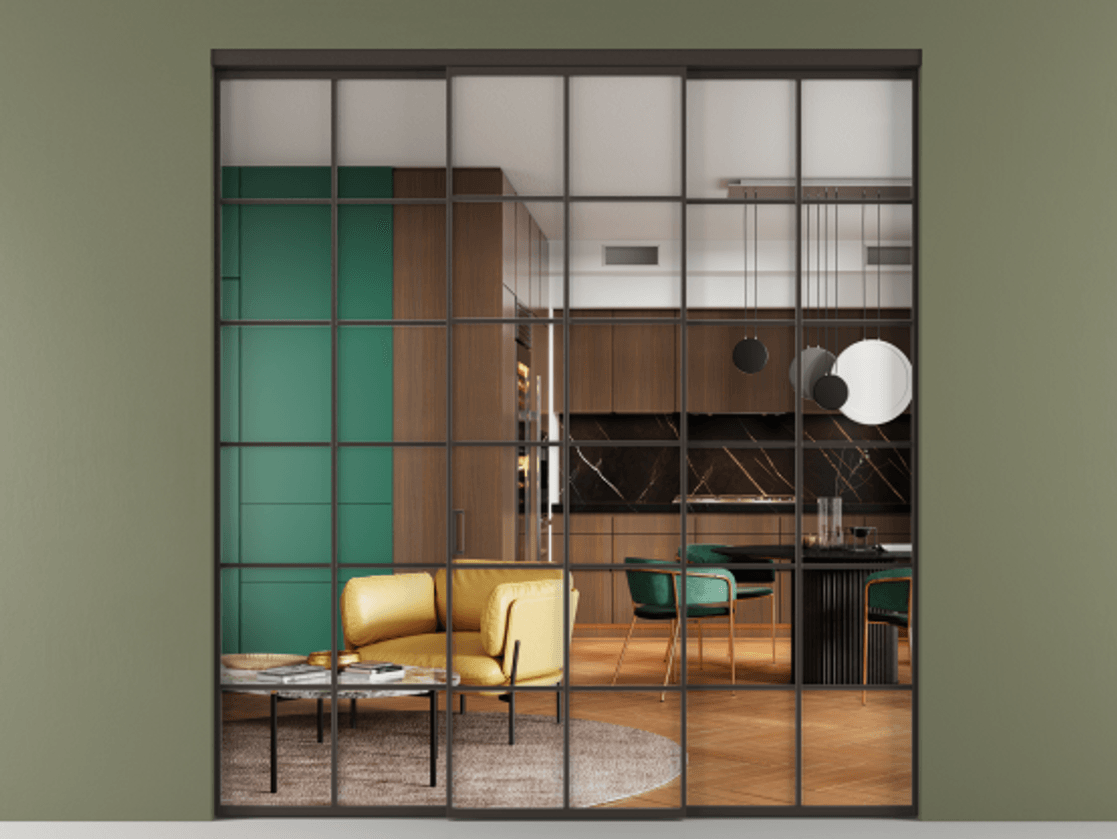 Перегородка Формато внутри проёма 3 створки АЛПР 040.05 Алюминий антрацит Прозрачное стекло "Кристал Вижн", калёное Цена 300780 ₽ | Volhovec