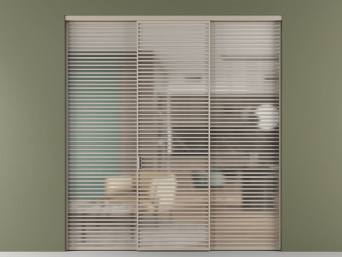 Перегородка Formato внутри проёма 3 створки АЛПР 040.07 Алюминий бисквитный Сатинированное стекло "Matelux Crystal Vision", калёное, матовое, каленое 6 мм Цена 642180 ₽ | Volhovec