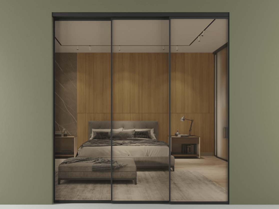 Перегородка Formato внутри проёма телескопик синхро 2 АЛПР 040.01 Алюминий Черный Рефлективное бронзовое стекло "Stopsol", калёное, 6 мм Цена 359500 ₽  | Volhovec