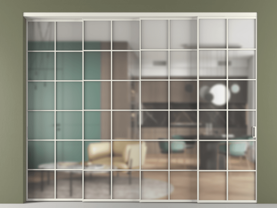 Перегородка Formato внутри проёма 4 створки с синхронным механизмом АЛПР 040.05 Алюминий Белый Сатинированное стекло "Matelux Crystal Vision", калёное, матовое, каленое 6 мм Цена 29240 AZE | Volhovec