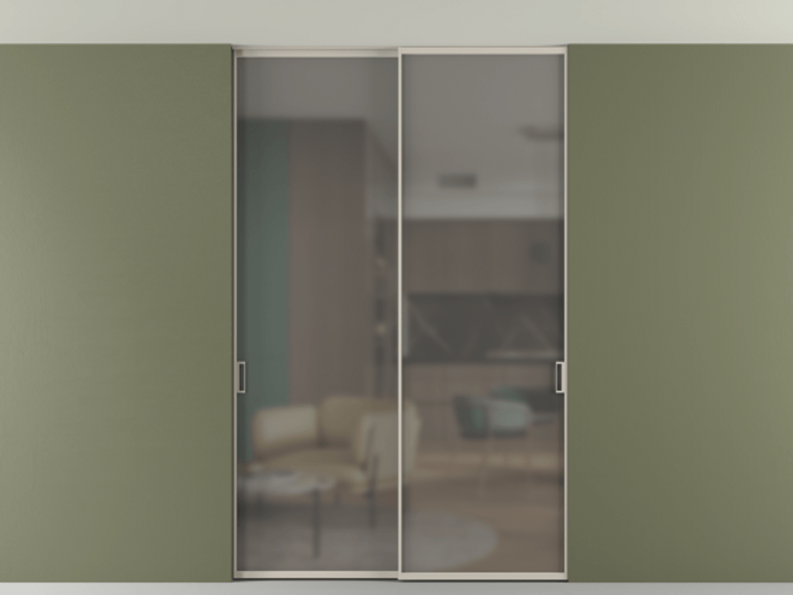 Перегородка Формато внутри проёма скрытое крепление в потолок 2 створки АЛПР 040.01 Алюминий светло-бежевый Сатинированное серое стекло, триплекс Цена 259321 ₽ | Volhovec